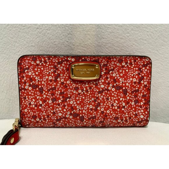SOLD***Michael Kors Floral Snap Bifold Wallet Wristlet Red Gold - Picture 3 of 12